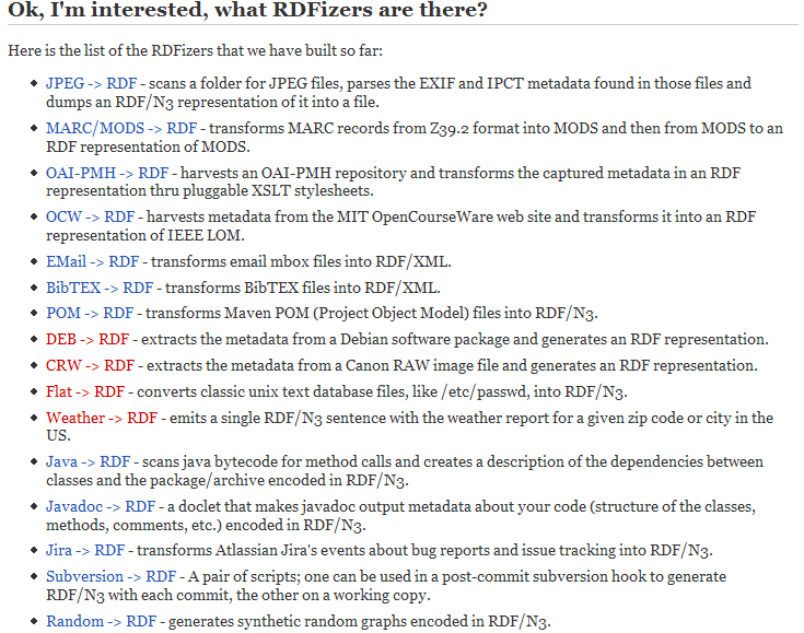list of converters Simile group has created for RDF